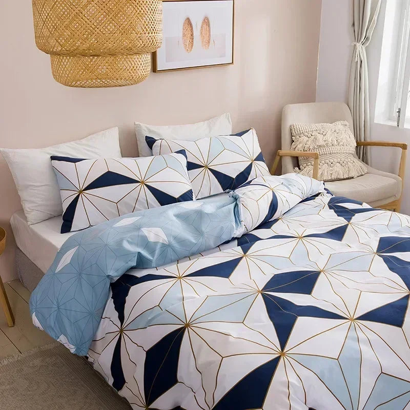 Brushed Print Blue Golden Diamond Duvet Cover Set Geometric Pattern Bedding Set for Hotels Schools Bedroom Soft Comforter Cover