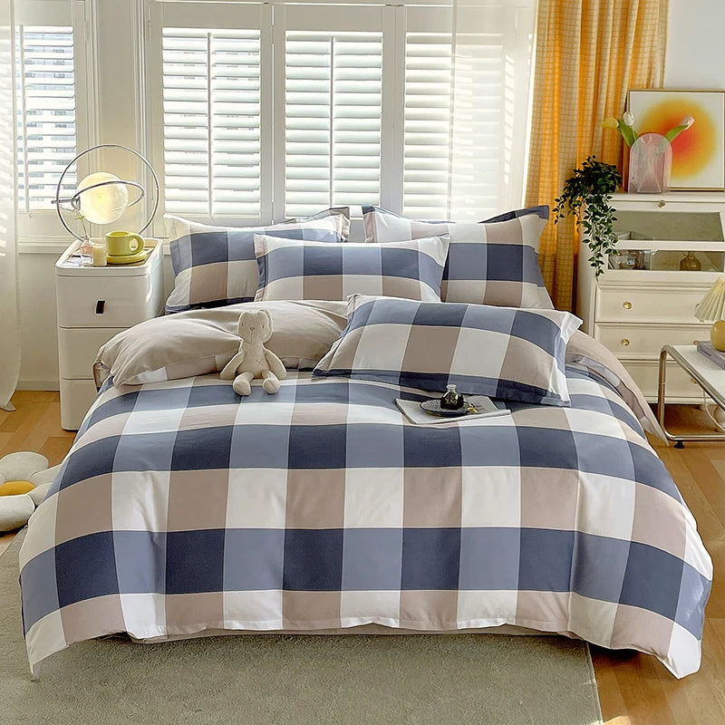 Soft Color Block Checkered Bedding Set Comfy 100% Washed Cotton Blue Plaid Duvet Cover Set King Queen Size Comforter Cover Sheet