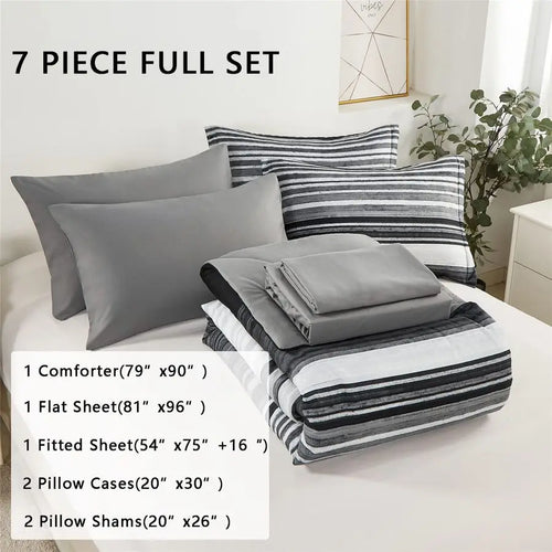 7 Piece Bed in a Bag Stripe Comforter Set Full Size, White Grey Black Patchwork Striped Comforter and Sheet Set, All Season Soft