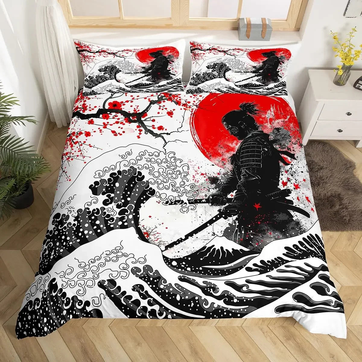 Japanese Samurai Bedding Set Full Size Cherry Blossoms Comforter Cover Red Sun Hokusai Duvet Cover Fuji Mountain Quilt Cover