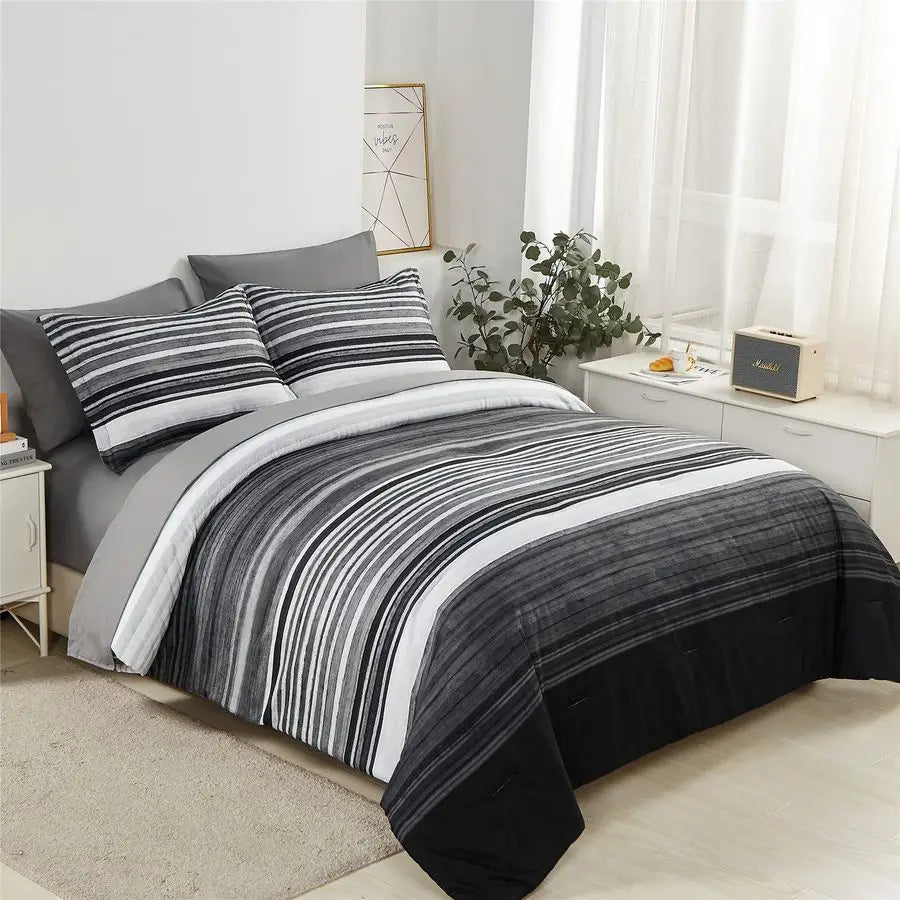 7 Piece Bed in a Bag Stripe Comforter Set Full Size, White Grey Black Patchwork Striped Comforter and Sheet Set, All Season Soft