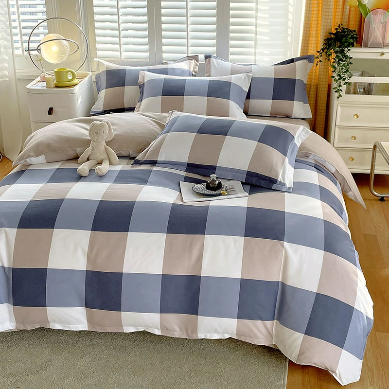 Soft Color Block Checkered Bedding Set Comfy 100% Washed Cotton Blue Plaid Duvet Cover Set King Queen Size Comforter Cover Sheet